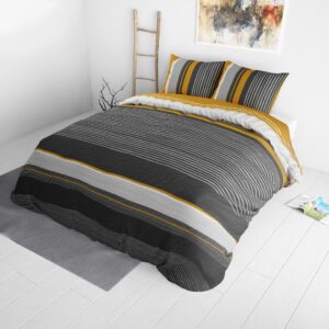 Dekbedovertrek Orary Dekbedovertrek - Lits-Jumeaux (240x220 cm) - Geel & Antraciet Katoen - Dessin: Strepen - Sleeptime Elegance -