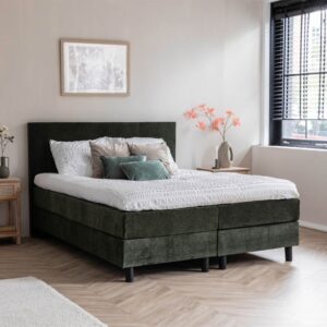 2-Persoons Boxspring Julia Rib - Olijfgroen - Groen 160x200 cm - Pocketvering - Inclusief Topper - Dekbed-Discounter.nl