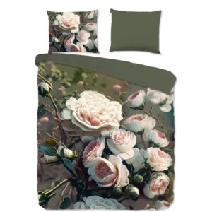 Dekbedovertrek White Roses - Lits-Jumeaux (240x220 cm) - Groen Microvezel - Dessin: Bloemen - Pure - Dekbed-Discounter.nl